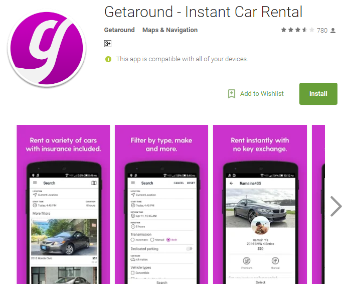 Getaround instant car rental app